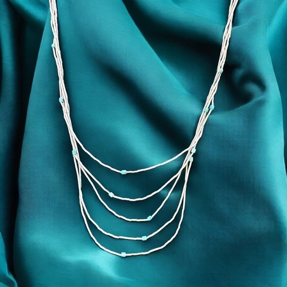 Native American 5-Strand Liquid Silver & Turquoise Beaded Waterfall Necklace - Picture 3 of 5